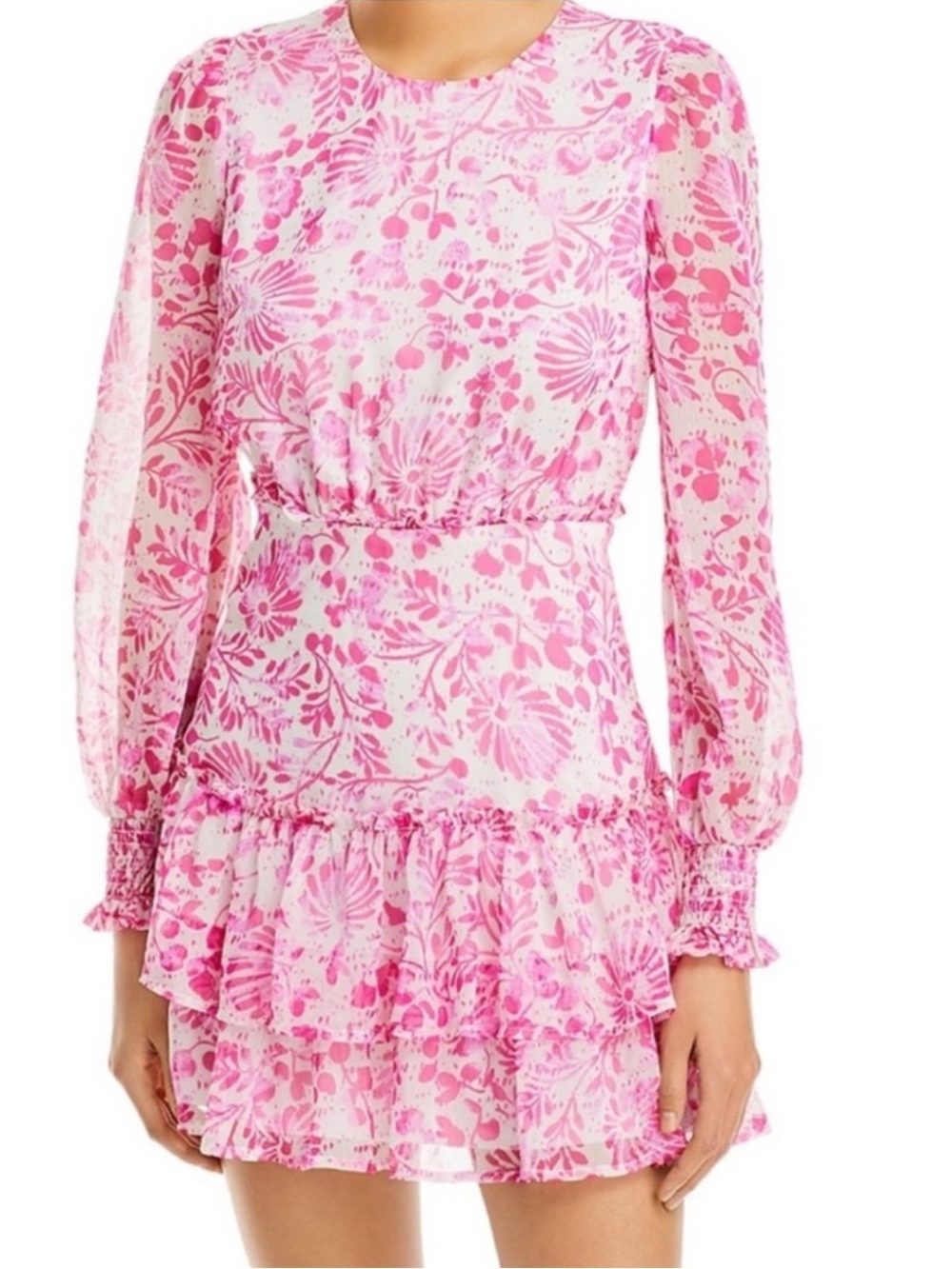 Aqua Pink Floral Tiered Long-Sleeve Dress